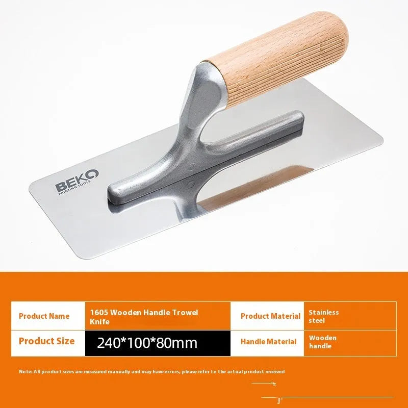 Stainless steel putty scraper with wooden handle showing three blade size options for decorative floor and wall work