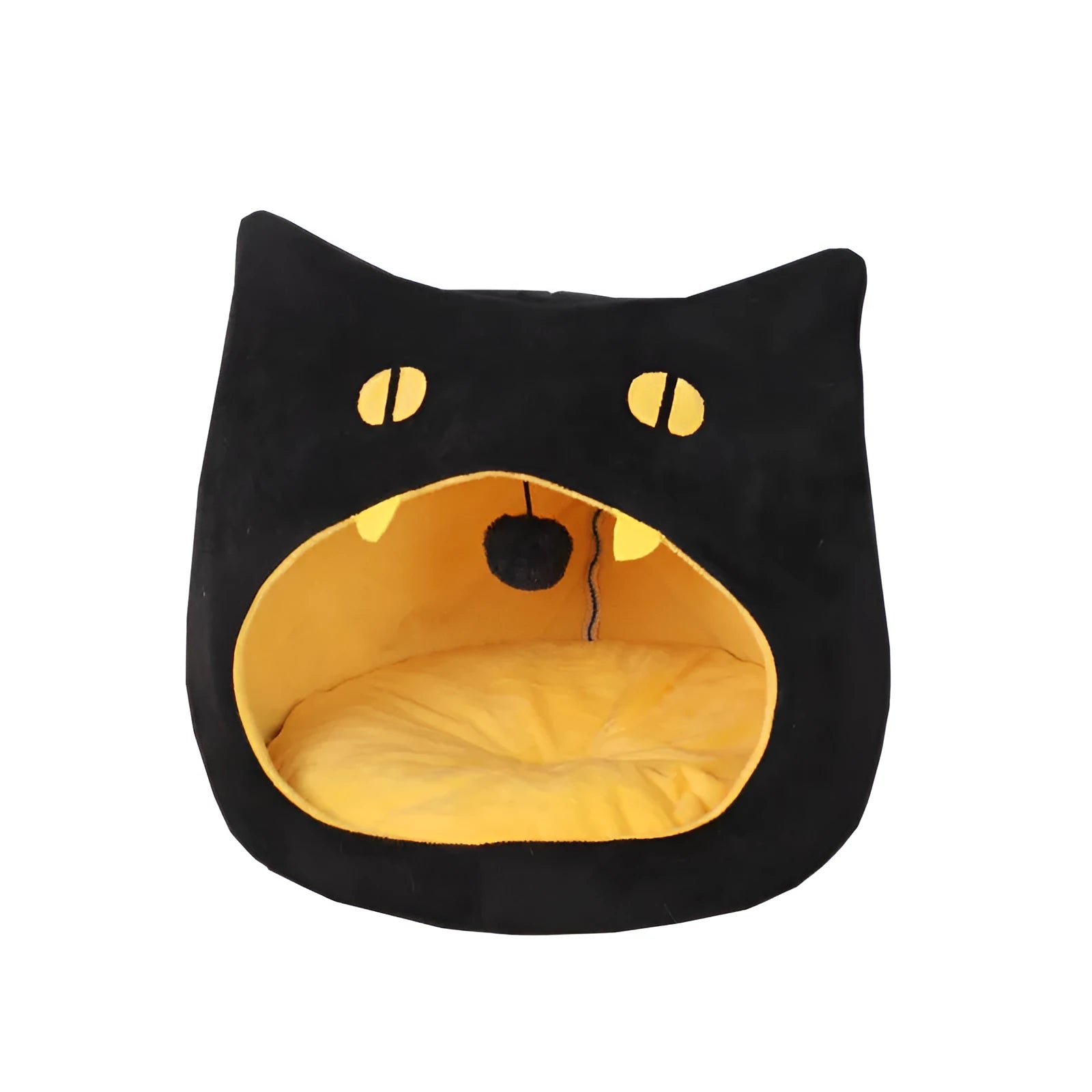 Grey cat-shaped enclosed pet bed with a round opening, sitting on a wooden floor.