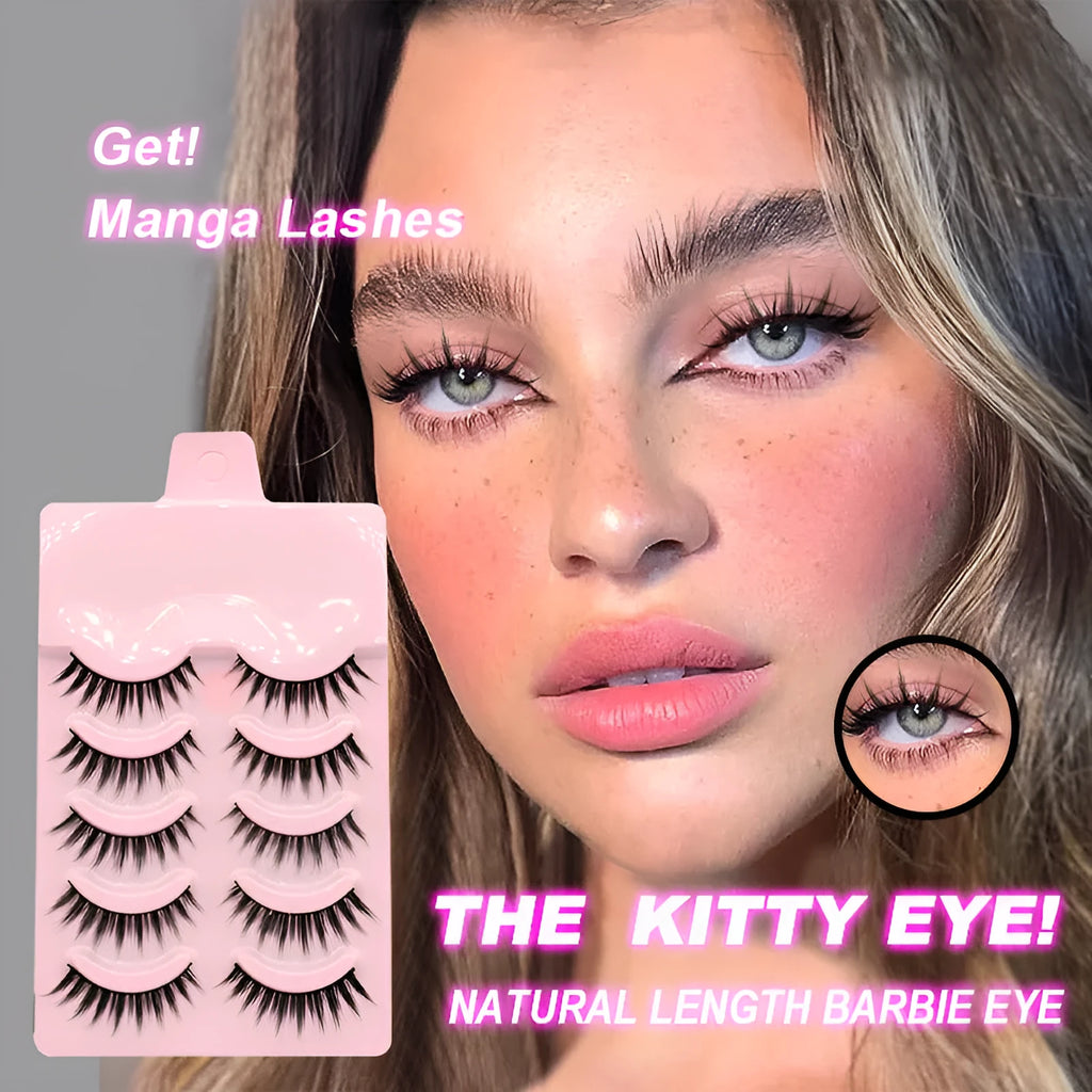 Bundle of manga false eyelashes showing three wispy styles 007, 008, and 009 on a black plastic terrier strip.
