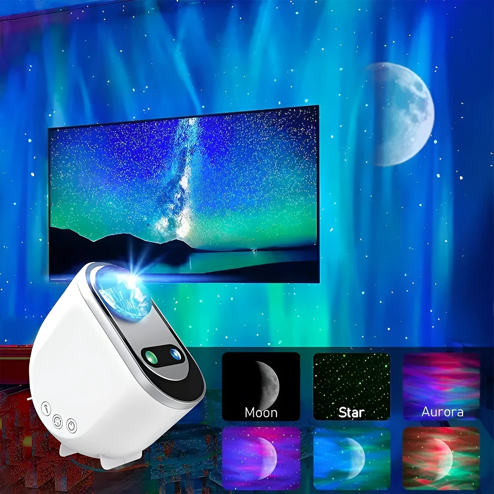 White ABS starlight projector with aurora borealis and moon projection, remote control, and USB cable