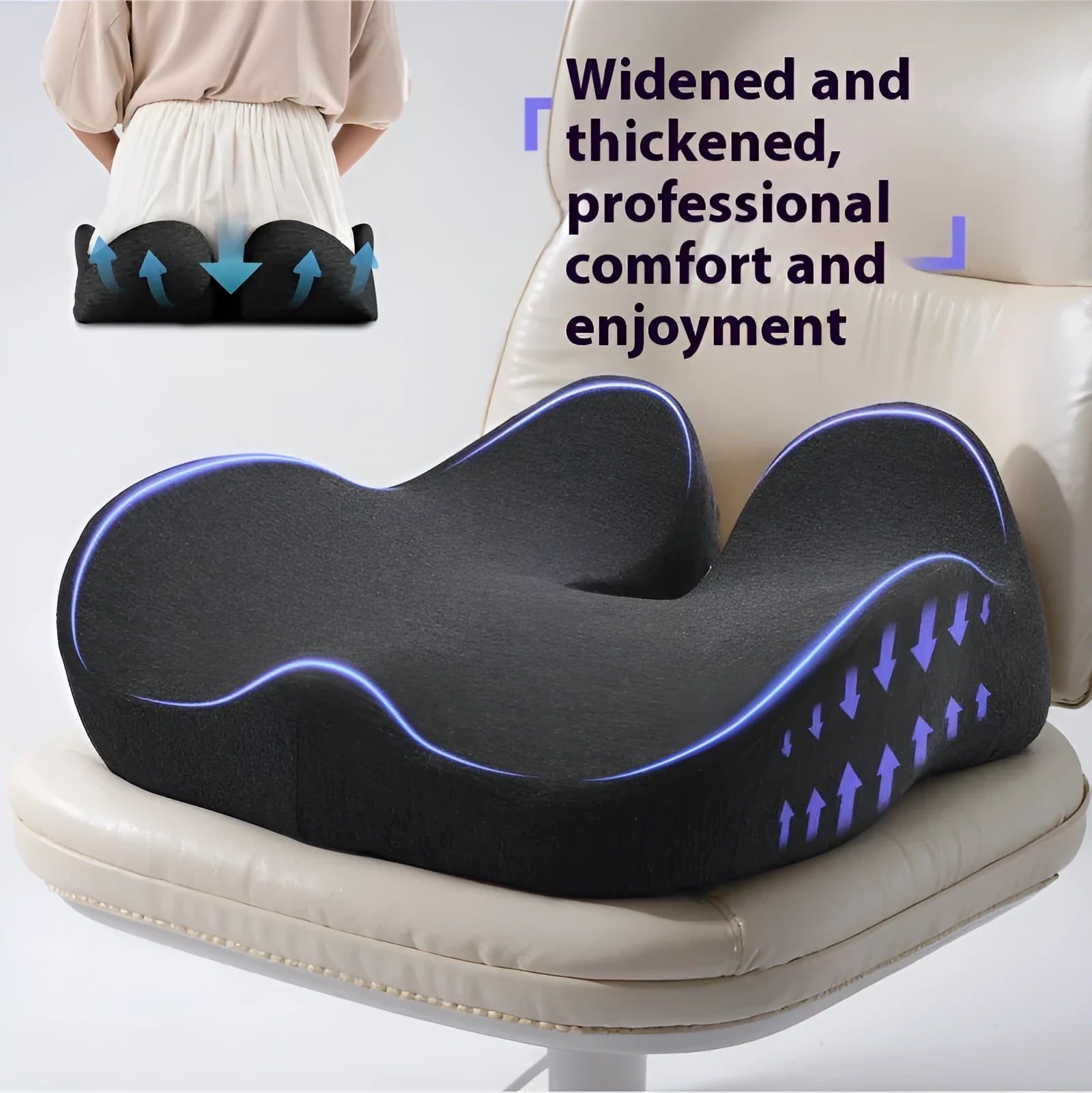 Rectangular light grey memory foam seat cushion for an office chair.