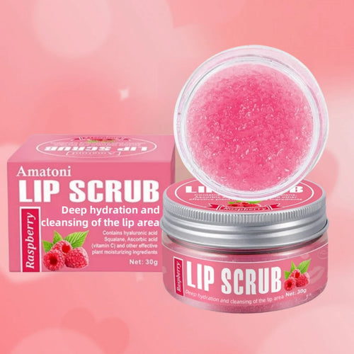 Amatoni fruit flavour lip scrub cream in 30g packaging for exfoliating and moisturising lips.