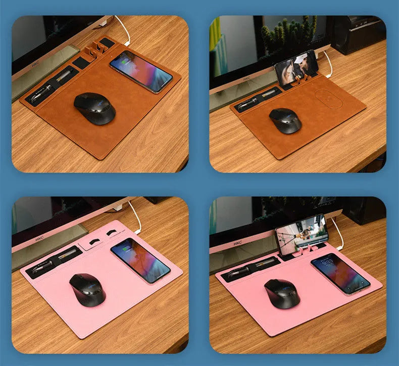 Pink PU leather mouse pad with wireless charging spot and an upright phone in the holder
