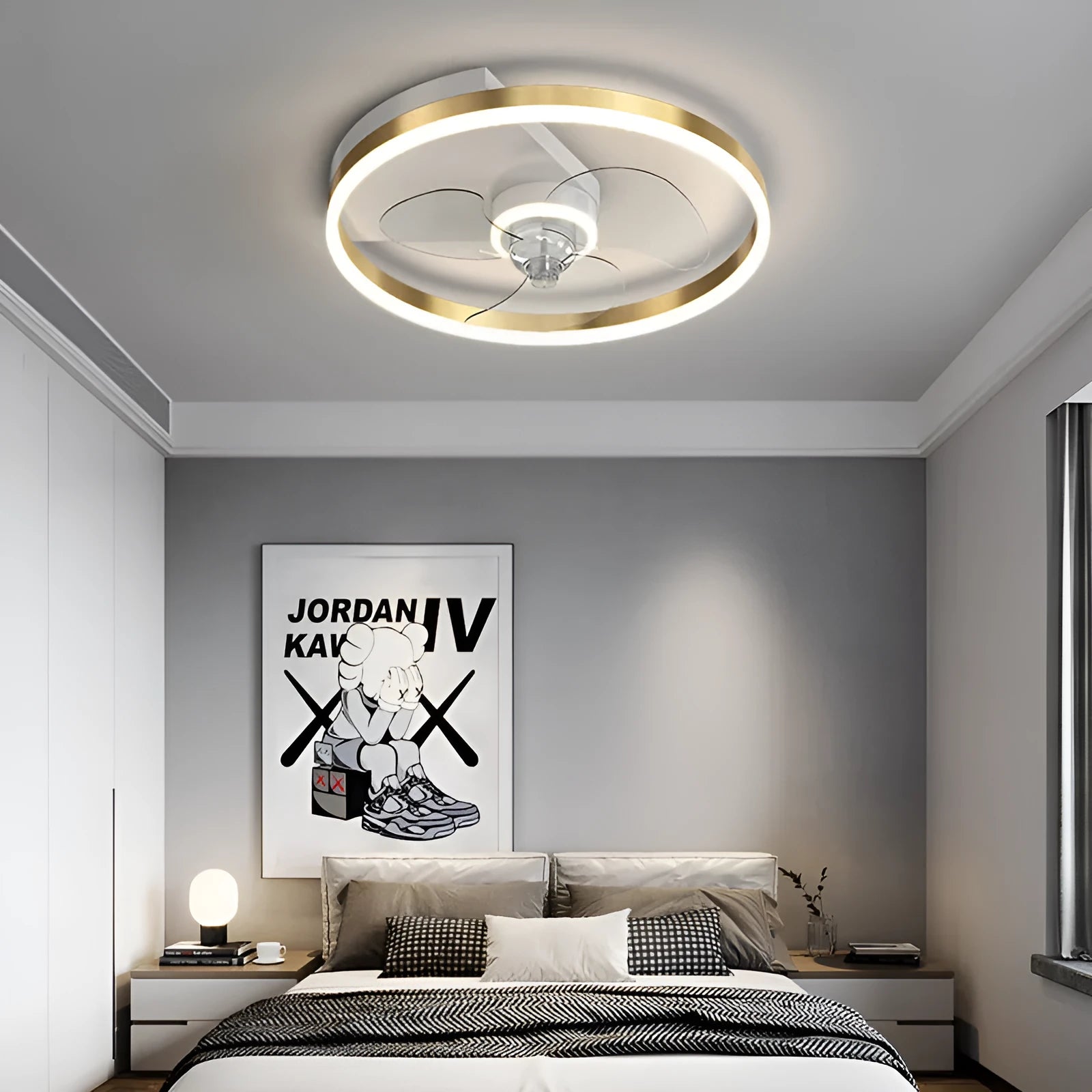 Modern simple Nordic style white children's ceiling lamp with LED lights for a bedroom.