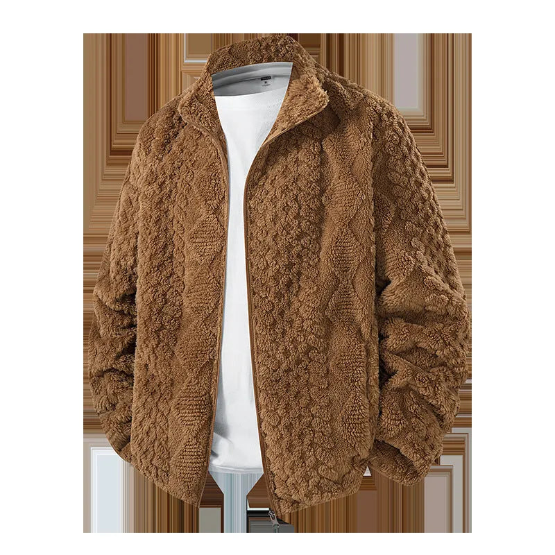 Fleece padded men's warm jacket in khaki with topstitching slit pocket, solid colour casual style