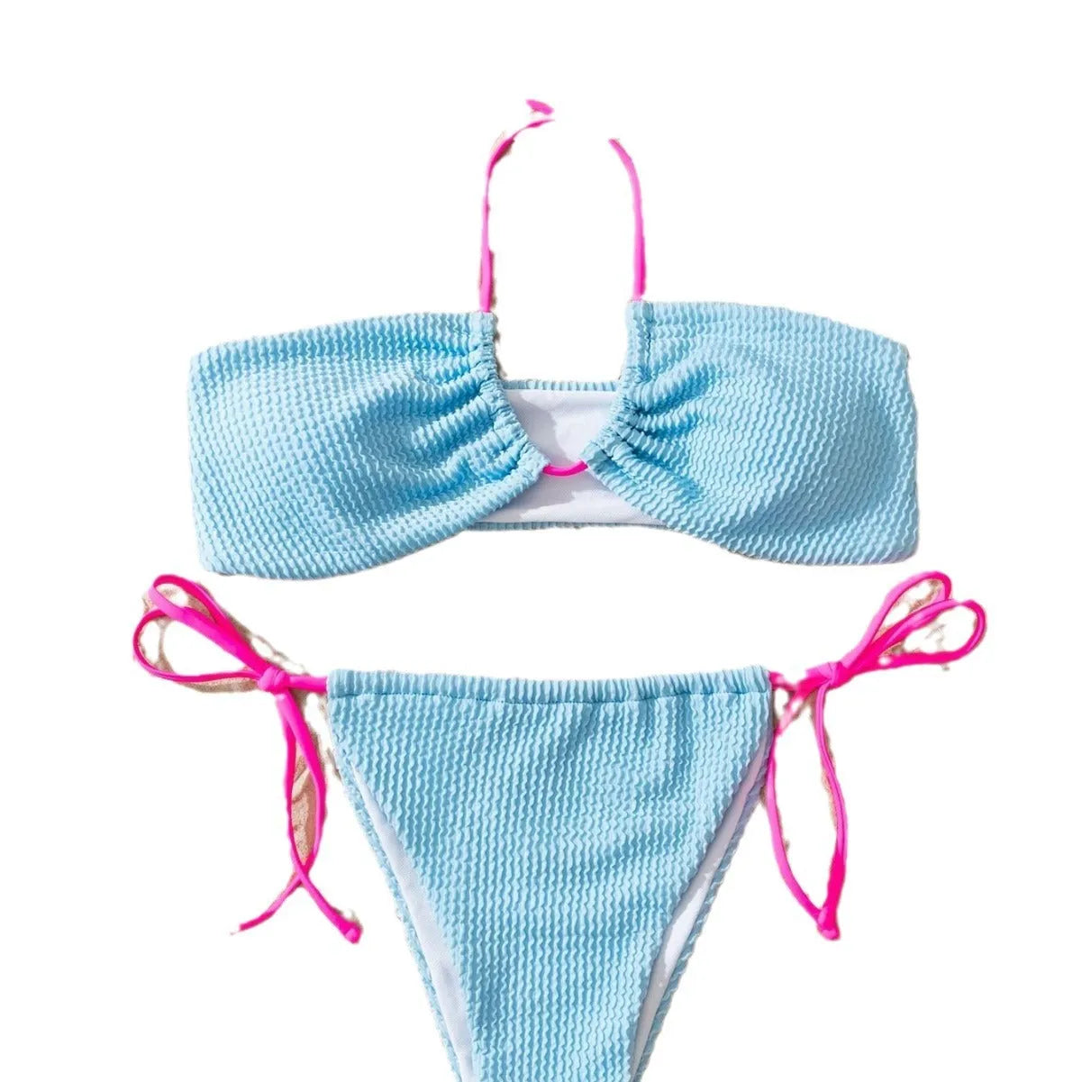 Solid colour women's halter lace-up swimsuit set with separated top and pants in polyester fabric