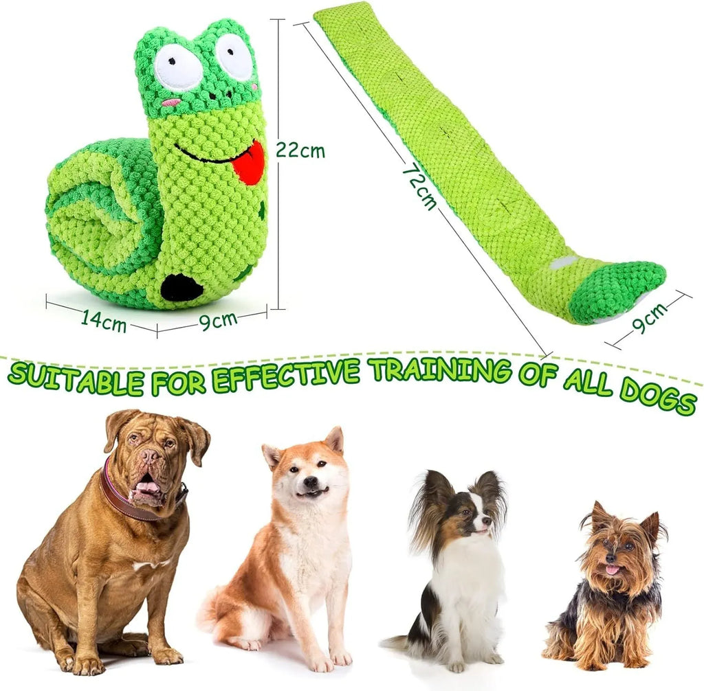 Reversible velvet squeak dog toy shaped like a snail with hidden food holes for foraging puzzles.