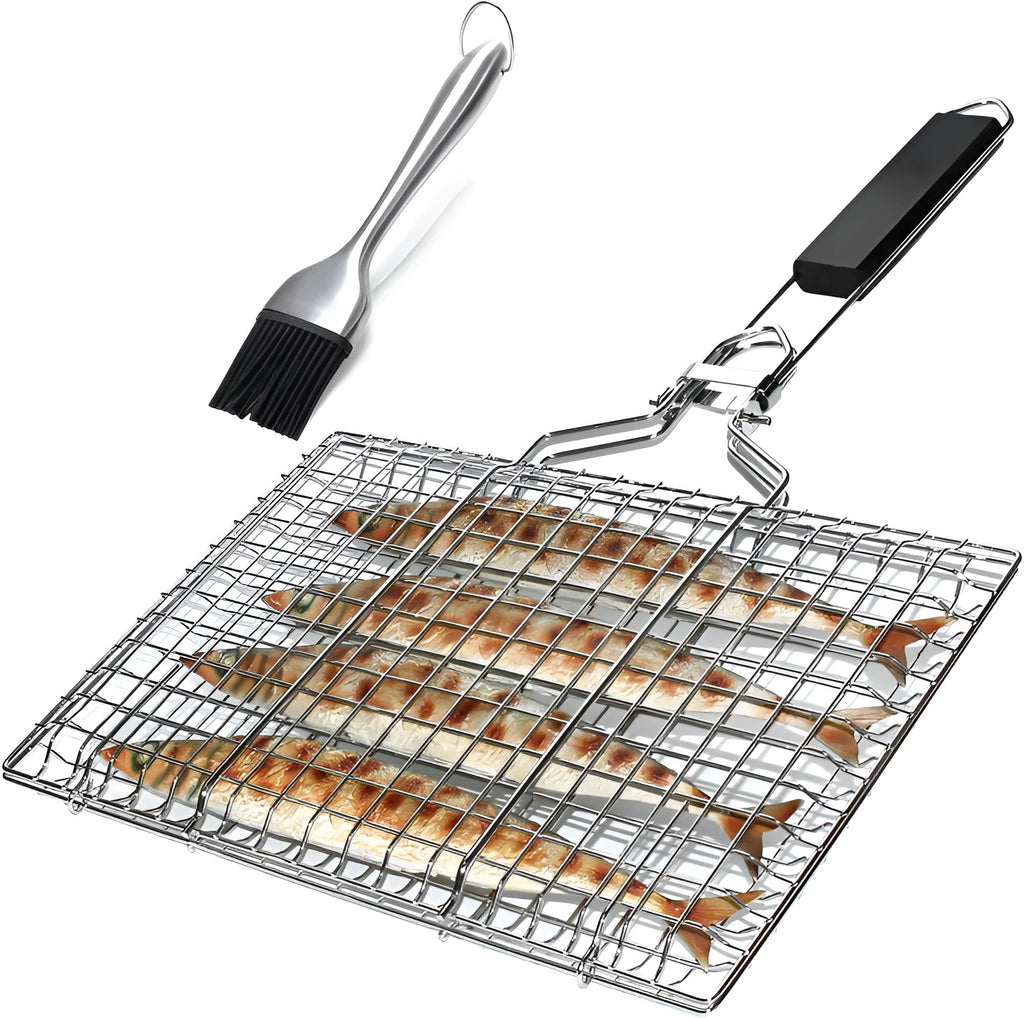 Stainless steel square folding barbecue mesh basket with a cleaning brush.