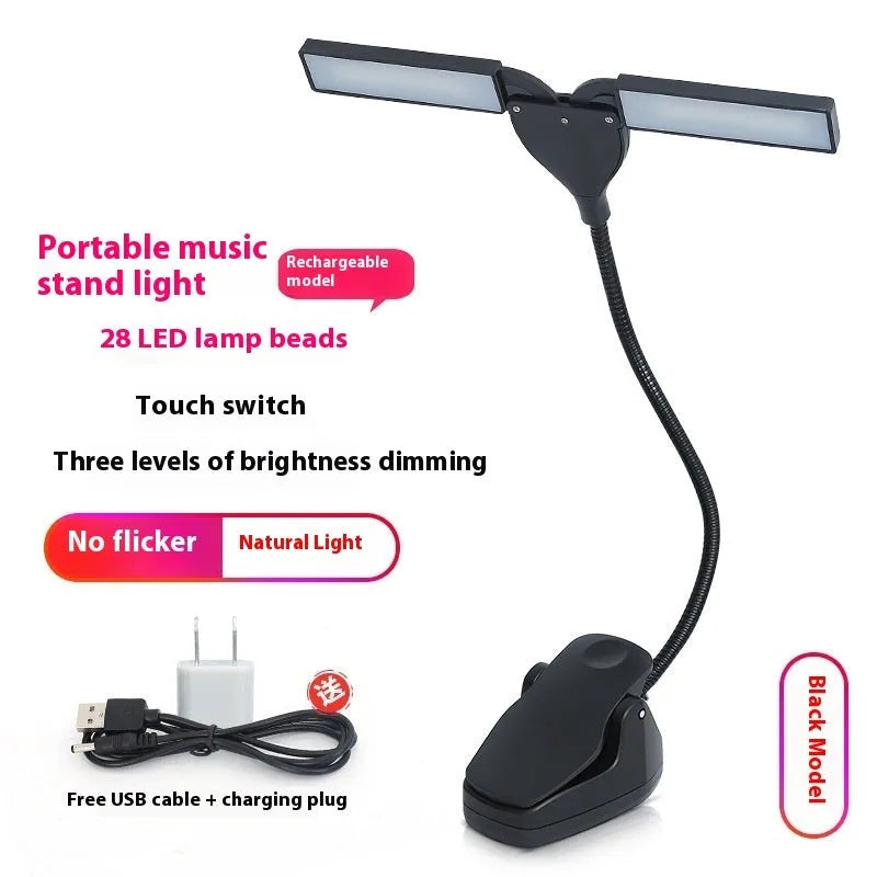 Rechargeable black music stand light with 28 LEDs placed on a music stand.