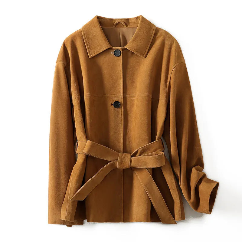 Yellow brown cashmere mid-length coat with a leather belt and a flat Peter Pan collar on a hanger.