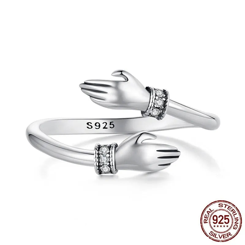 Silver simple hug ring with free size design and old processing finish on women's finger