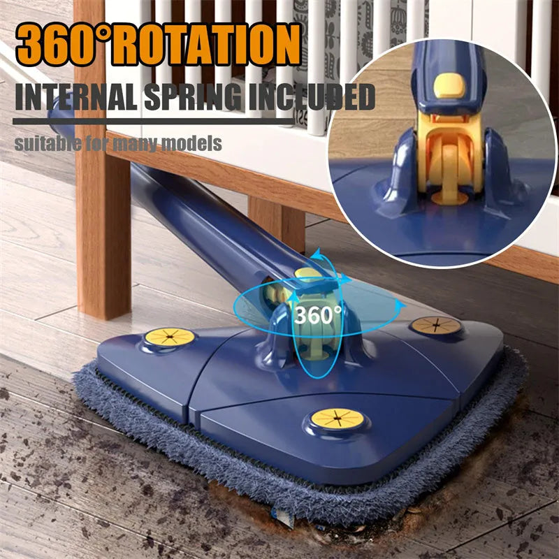 Blue extendable triangle cleaning mop with rotating head and stainless steel pole on a tiled floor.