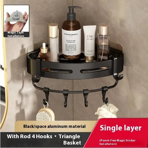 Gun gray metal triangle bathroom corner rack with punch-free wall mounting