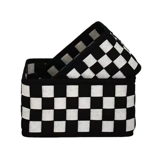 Grey checkerboard woven felt storage basket with folding design