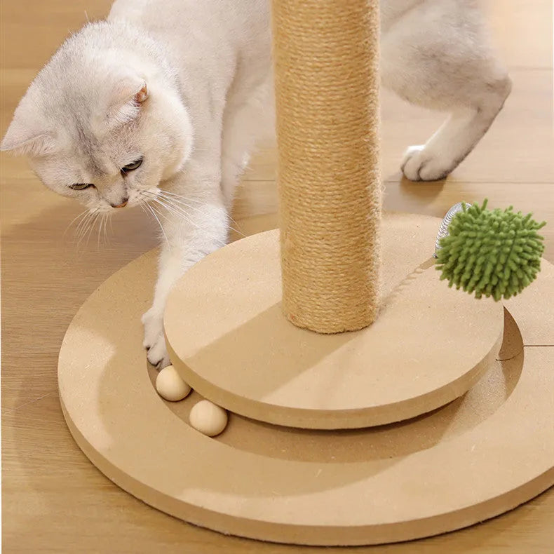 Vertical cat scratching post with natural hemp rope columns on a canna-coloured density plate base
