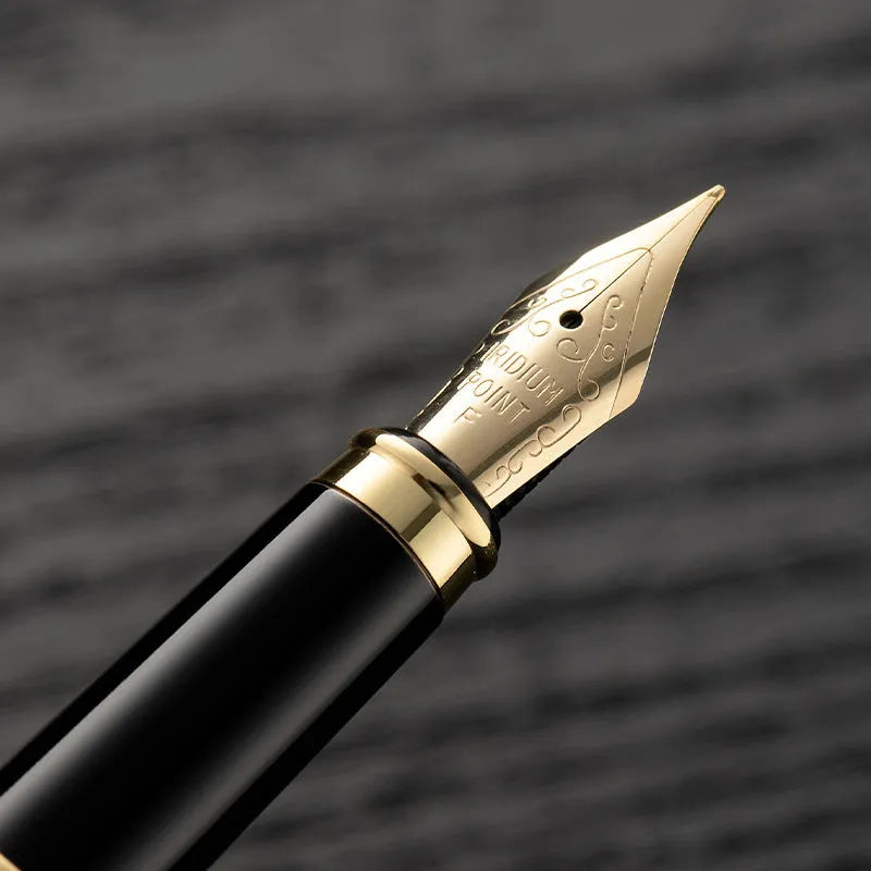 Metal fountain pen with F 0.5mm nib in black body with gold clip, showing 140mm length
