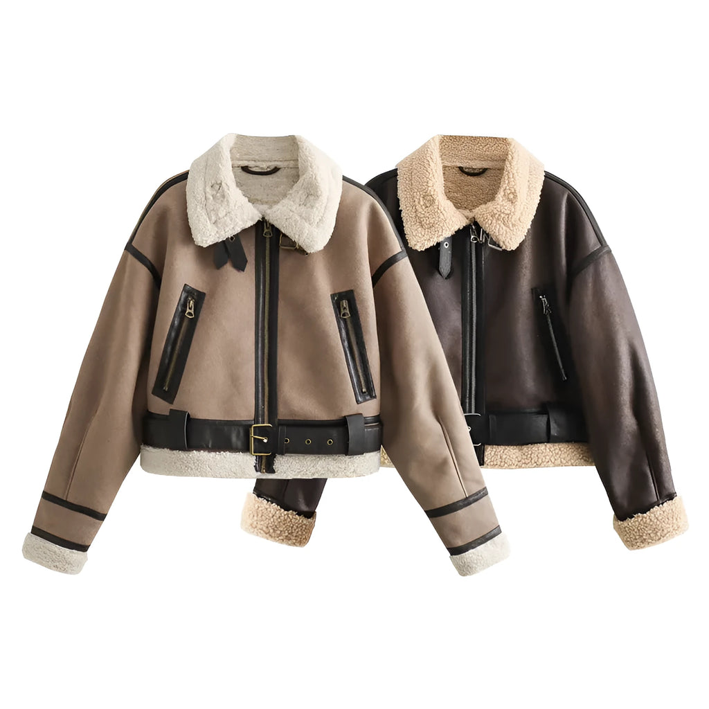 Women's long sleeve lamb wool splicing PU coat in khaki and brown, with zipper front, Japanese Korean casual unisex style