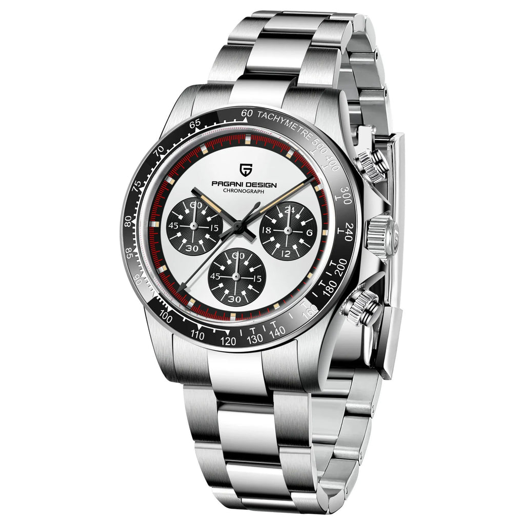 Men's stainless steel chronograph watch with black dial and Seiko VK63 quartz movement.