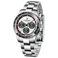 Men's stainless steel chronograph watch with black dial and Seiko VK63 quartz movement.