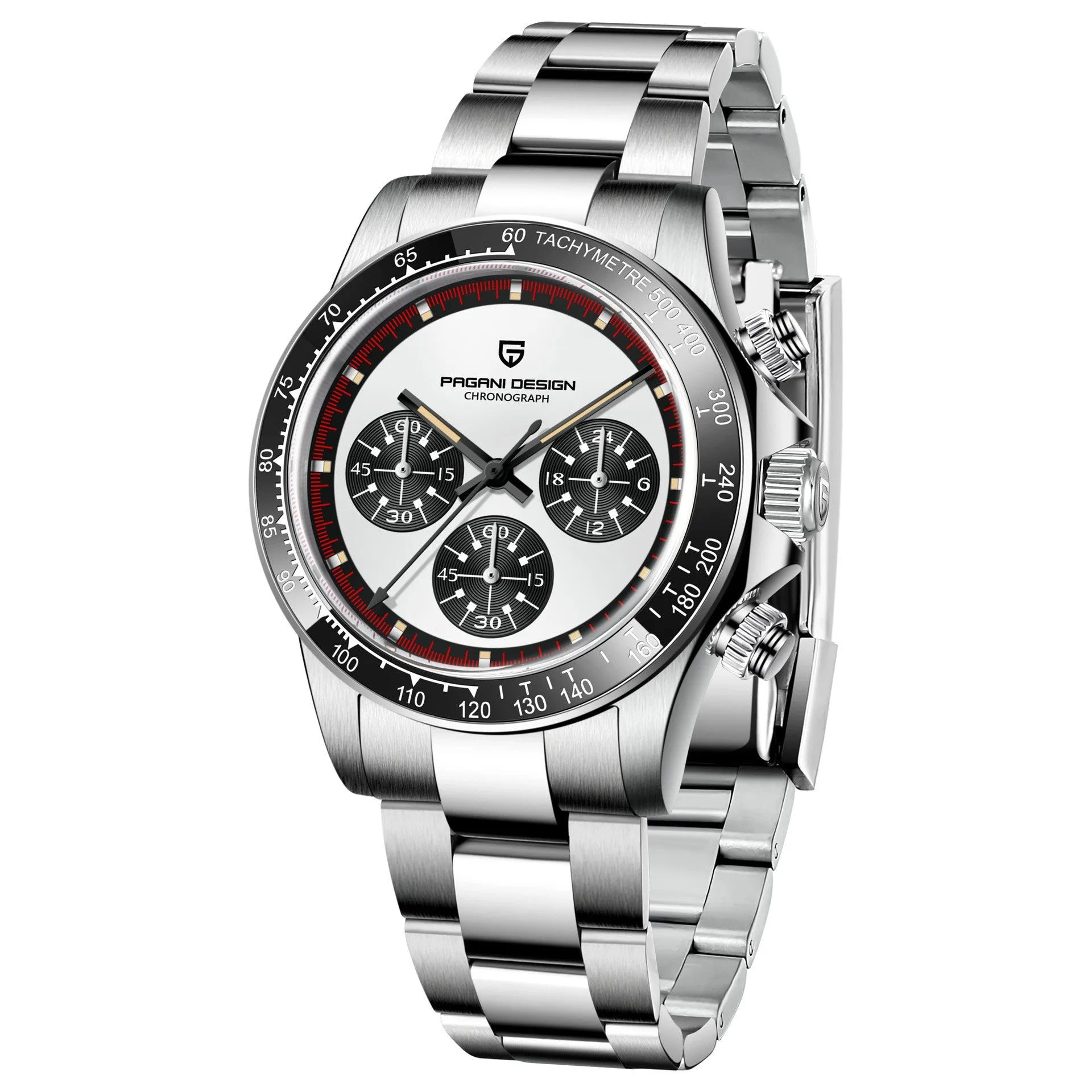 Men's stainless steel chronograph watch with black dial and Seiko VK63 quartz movement.