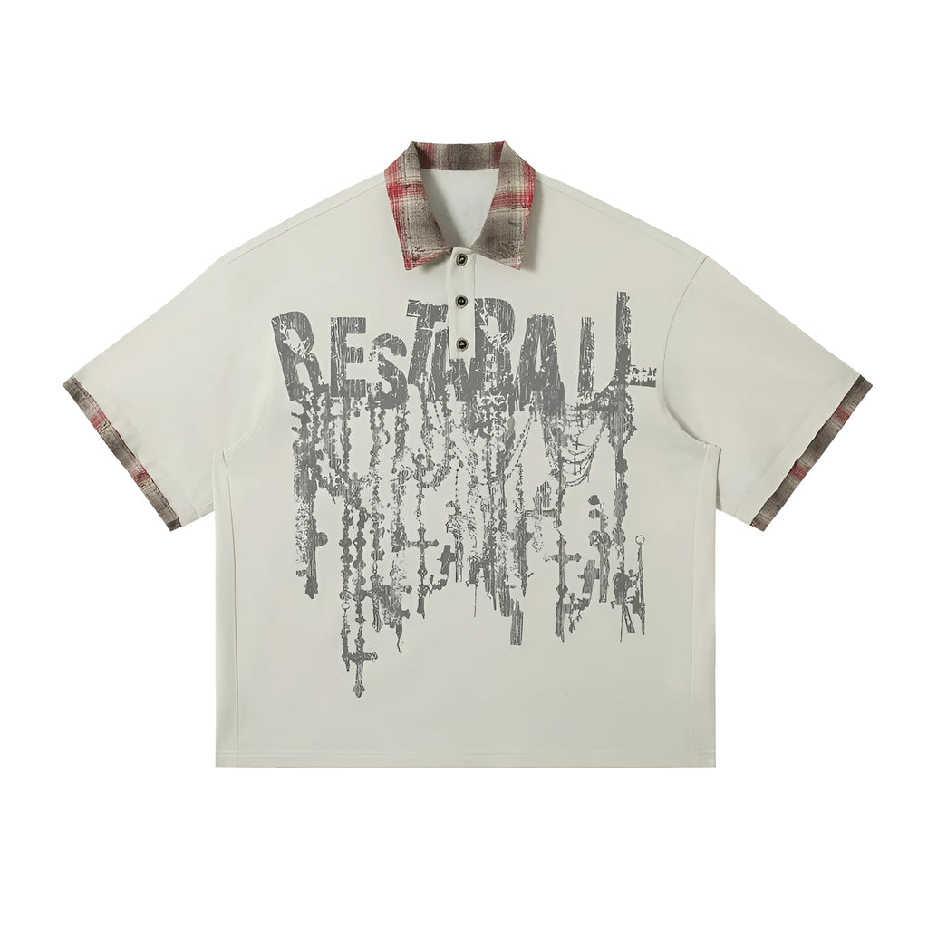 Men's loose blue short-sleeved top with a graffiti-style print on the lapel and an asymmetric hem.