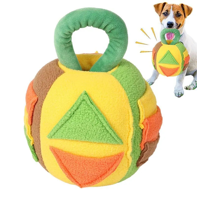 Green polyester dog squeaky plush ball toy with treat pockets