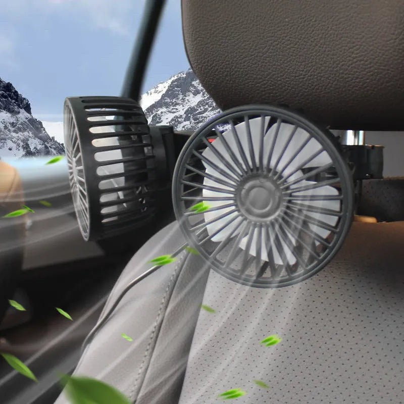 Black USB car rear fan with adjustable head for vehicle rear seat cooling