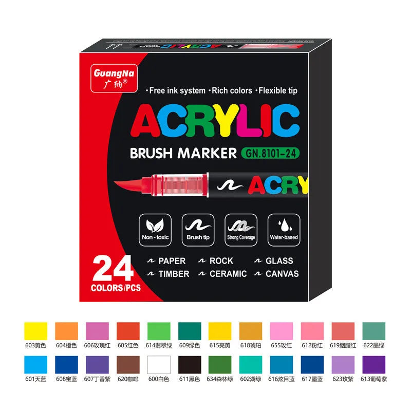 Set of straight liquid acrylic marker pens with soft heads for painting and graffiti art.