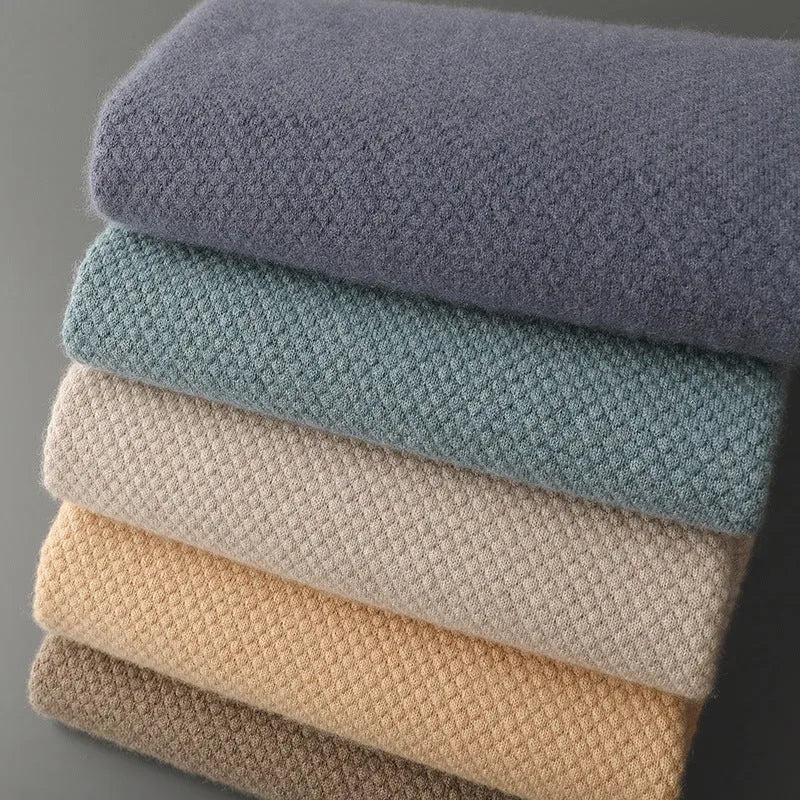Men's cashmere pullover sweater with pineapple stitch round neck in camel colour