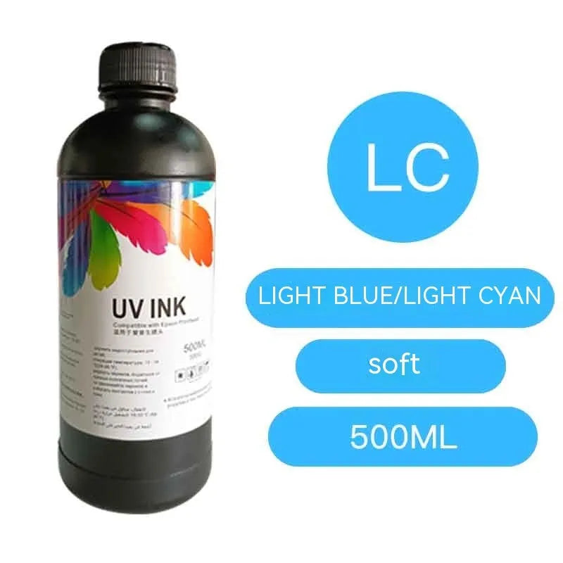 500ml bottle of Epson-compatible UV printer ink in black, cyan, magenta, yellow, light cyan, light magenta, white, and glossy colours.
