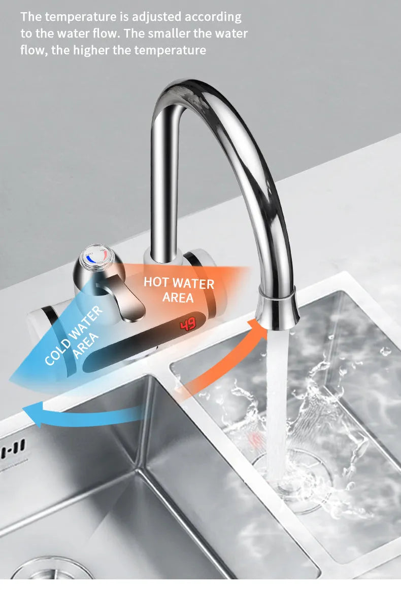White 3000W kitchen electric water tap heater with digital temperature display and 10L capacity, fitted to a sink