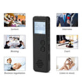 Black matte finish digital voice recorder with a small backlit screen, showing recording time and memory capacity.
