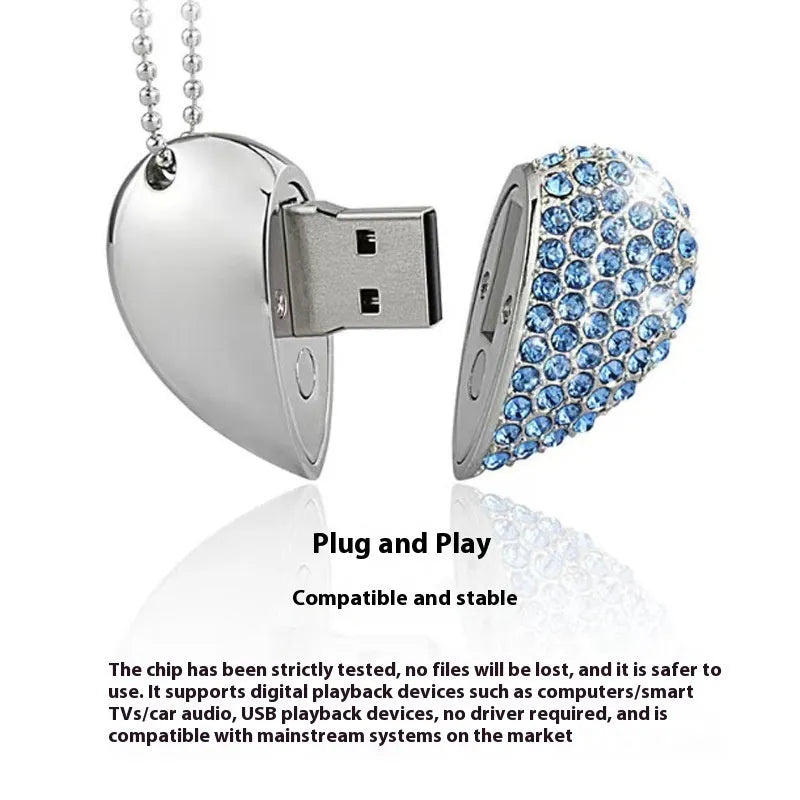 Brick-inlaid heart-shaped metal USB flash drive showing colour options and compact size