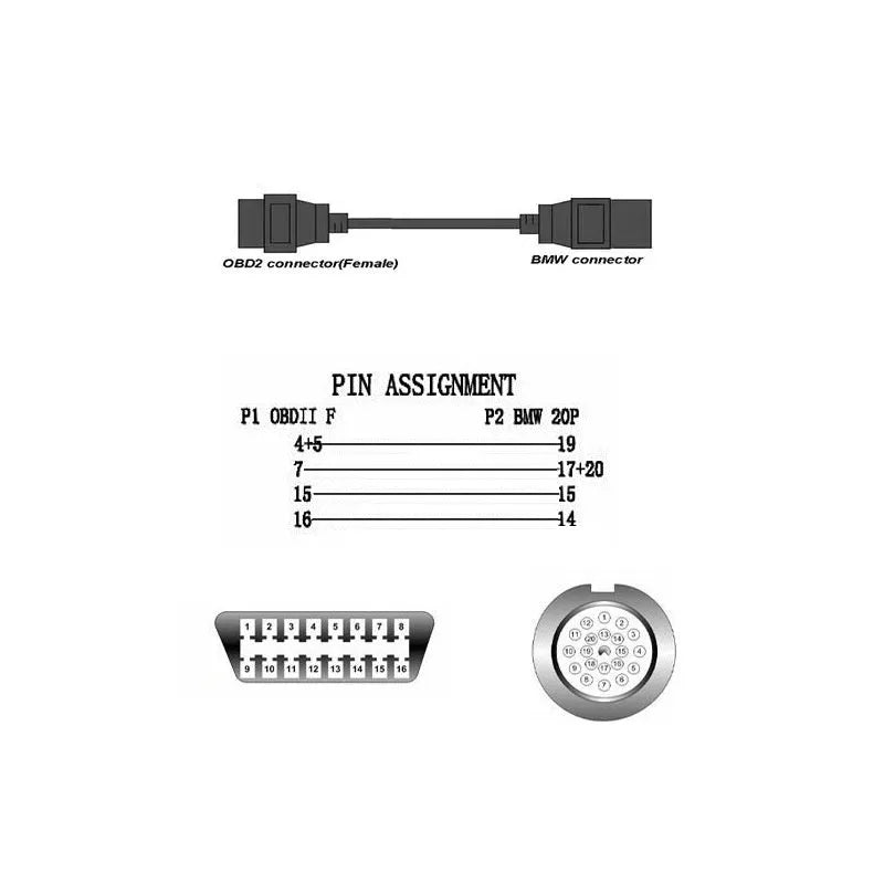 OBD2 adapter cable with BMW 20-pin round plug and standard 16-pin socket for car diagnostics