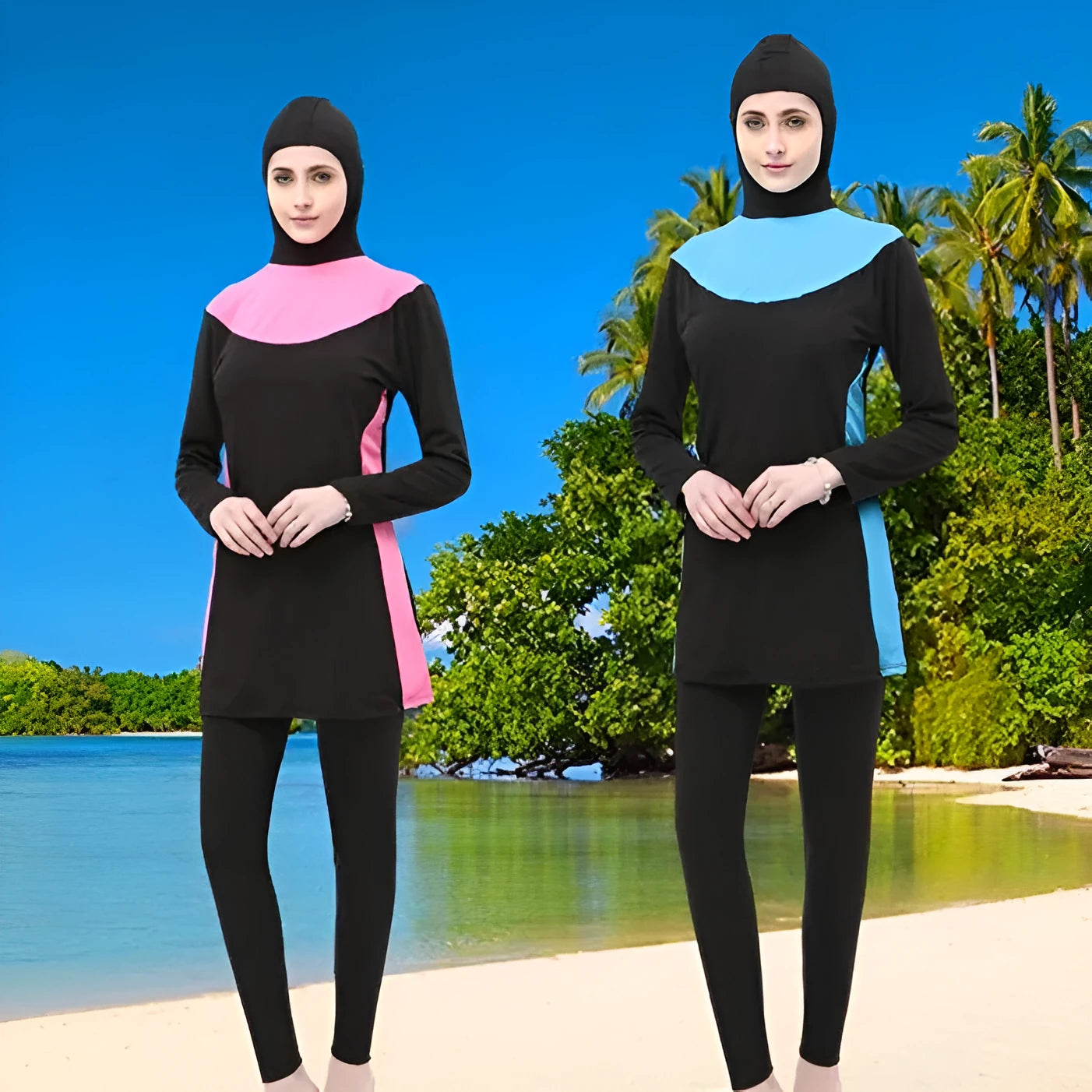 Conservative long sleeve hooded swimsuit for women, shown as a black top and pants set.