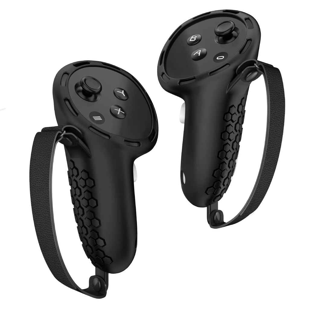 Black and Sapphire Blue silicone protective sleeves on Meta Quest 3 VR controllers.