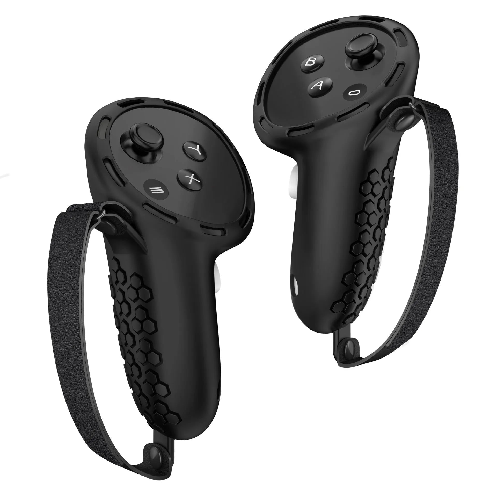 Black and Sapphire Blue silicone protective sleeves on Meta Quest 3 VR controllers.