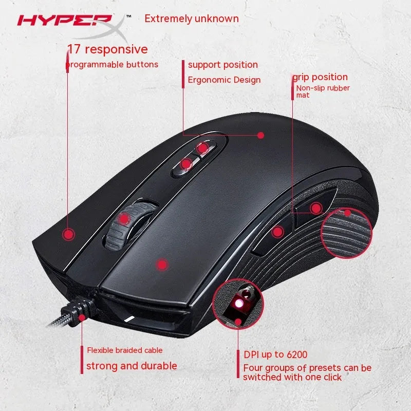 HyperX Pulsefire Core RGB wired gaming mouse in black or pink colour with USB cable
