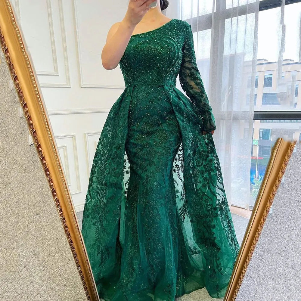 Women's slim-fit fishtail mesh shoulder long-sleeved dress in green with zipper detail on model