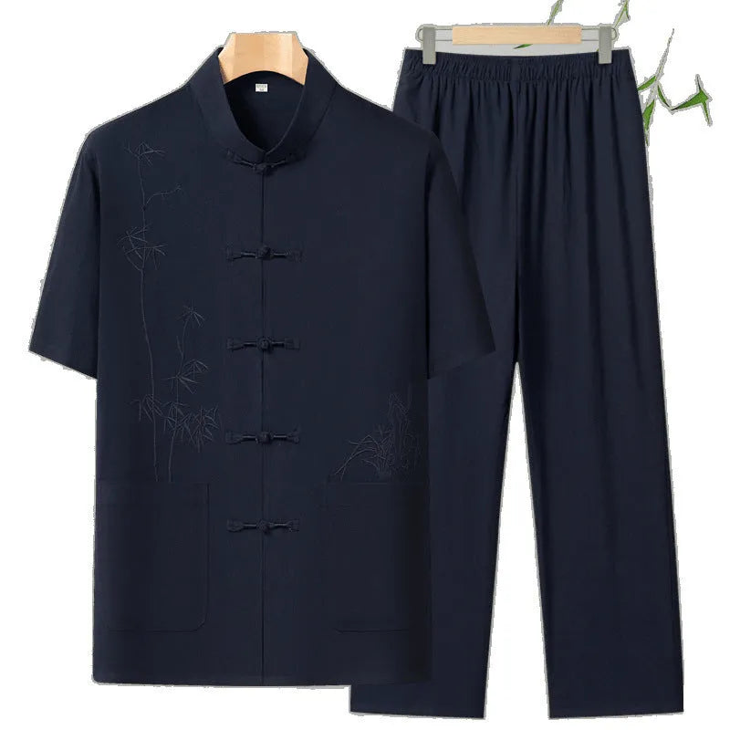 Cotton short-sleeved leisure suit for elderly men in grey colour with two-piece design