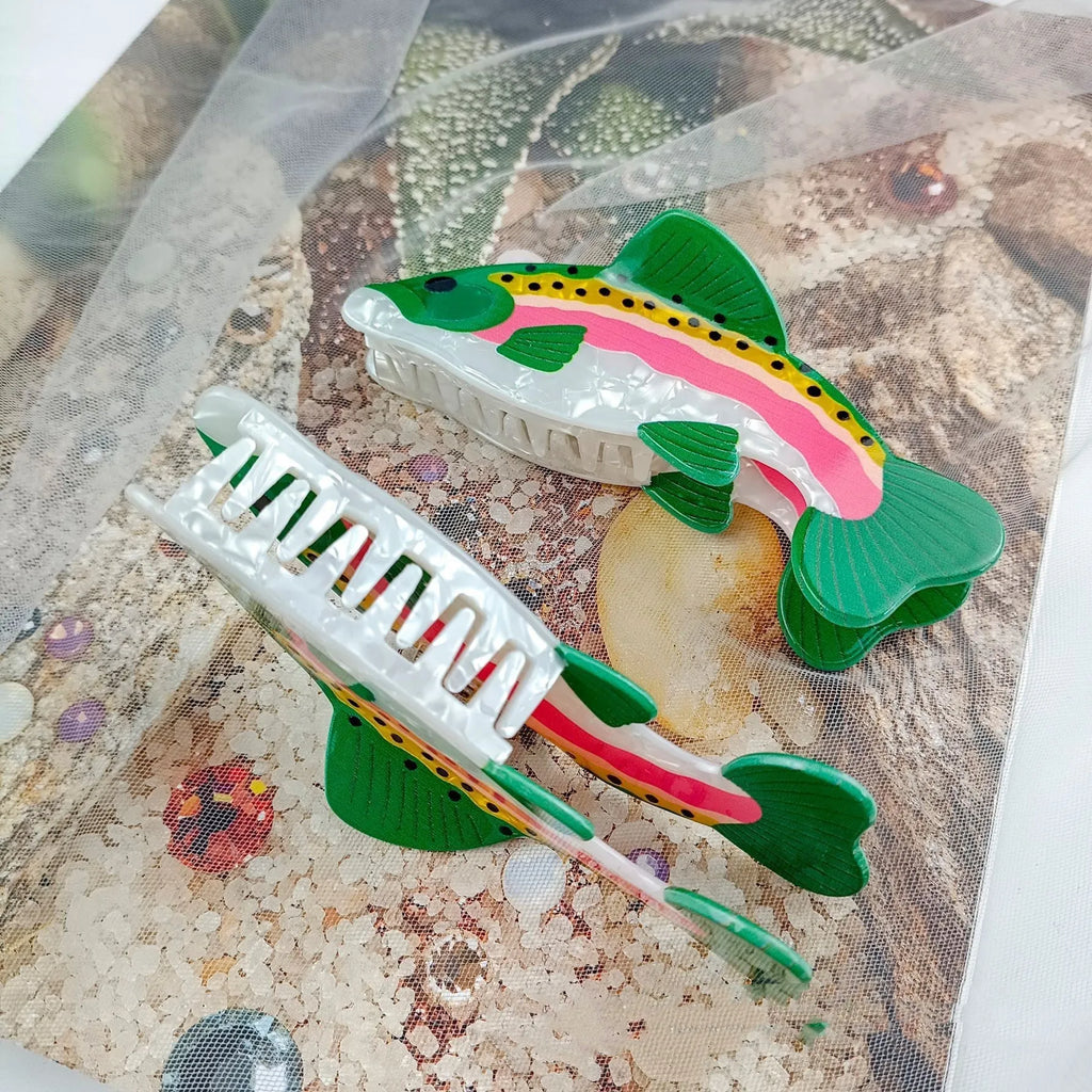 Dark green hair clip with detailed rainbow trout print on PVC material for marine enthusiasts