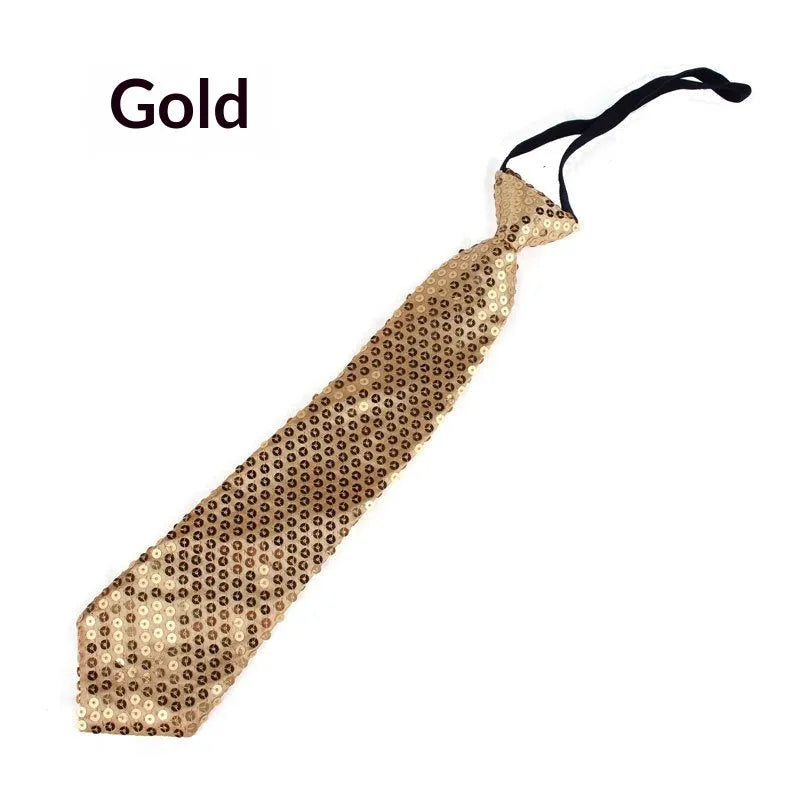 Gold sequin clip-on bow tie with striped pattern on white background.
