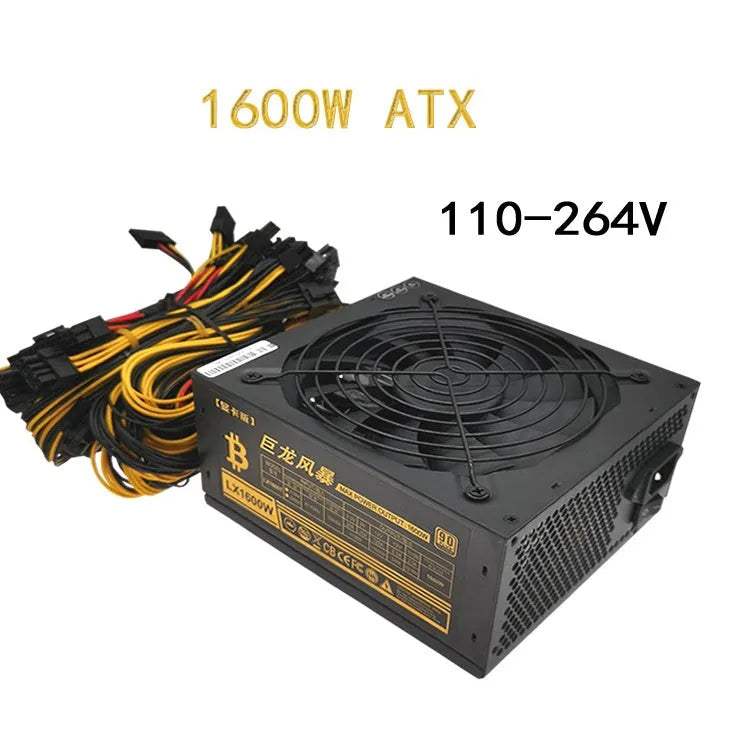 Black high-wattage computer server power supply unit with multiple cable connectors.