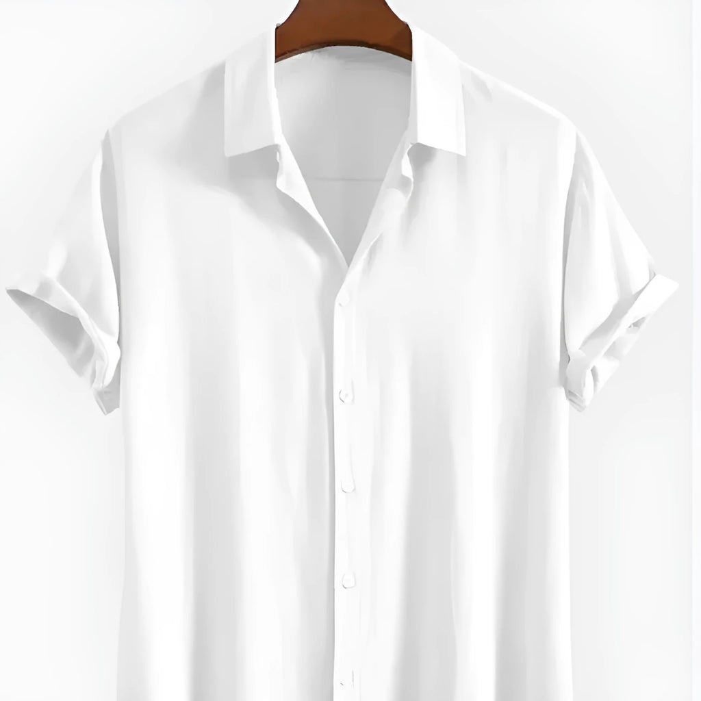 Men's loose short sleeve cardigan in solid colour on a hanger