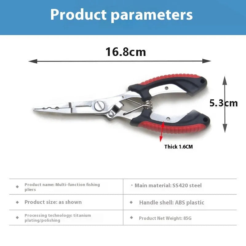 Medium fishing pliers with hook in straight mouth design showing steel construction and coloured handles