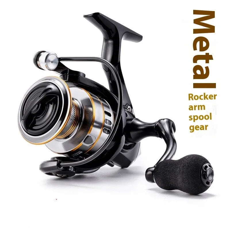 All-metal spinning fishing reel with EVA grip handle, shown in one of six available sizes.