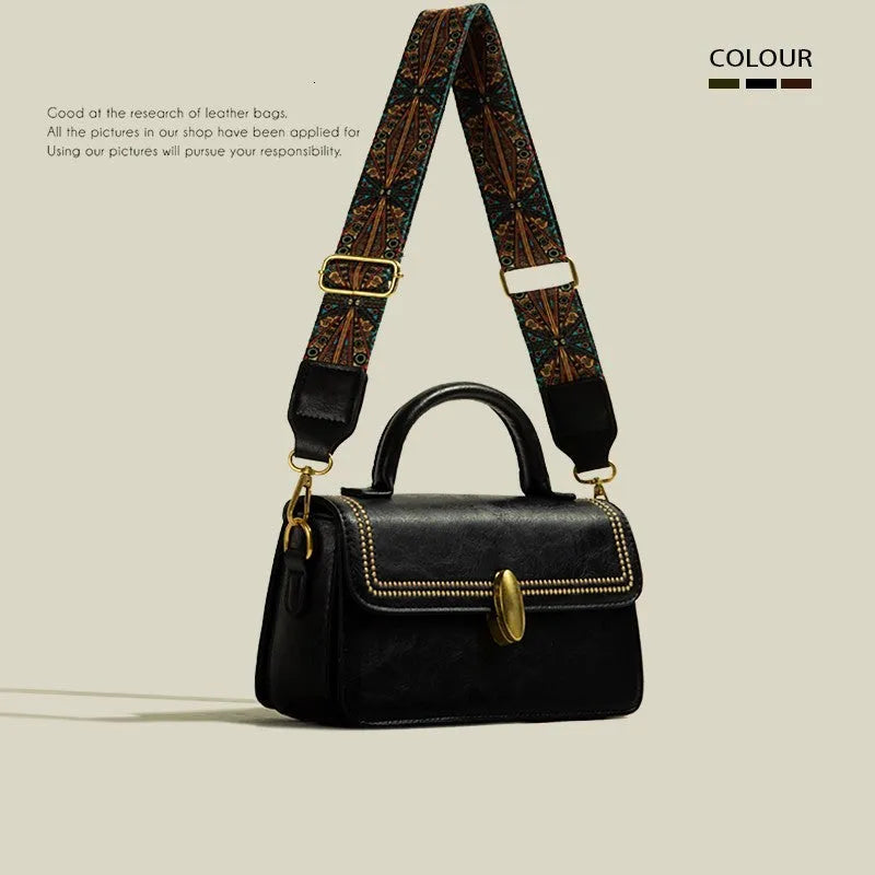 Retro messenger bag in square vertical shape with sandwich pockets and decorative stitching