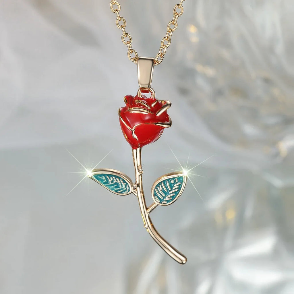 Close-up of a champagne gold rose-shaped copper pendant on an O-ring chain, with adjustable 41-50cm length.