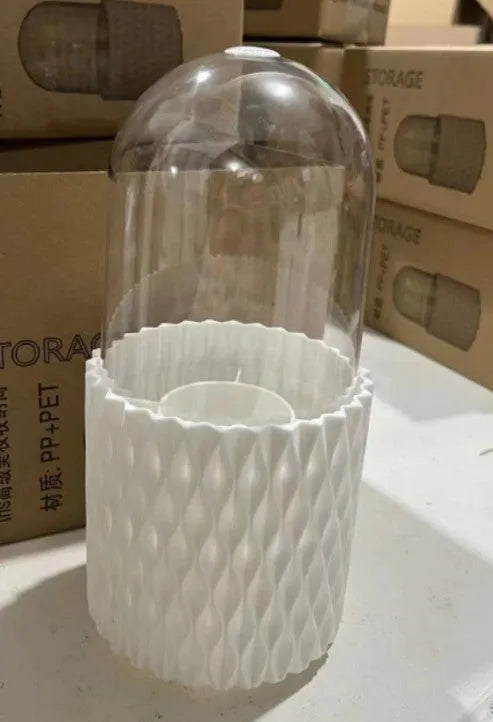 Transparent rotating makeup brush holder with white base and dust-proof lid