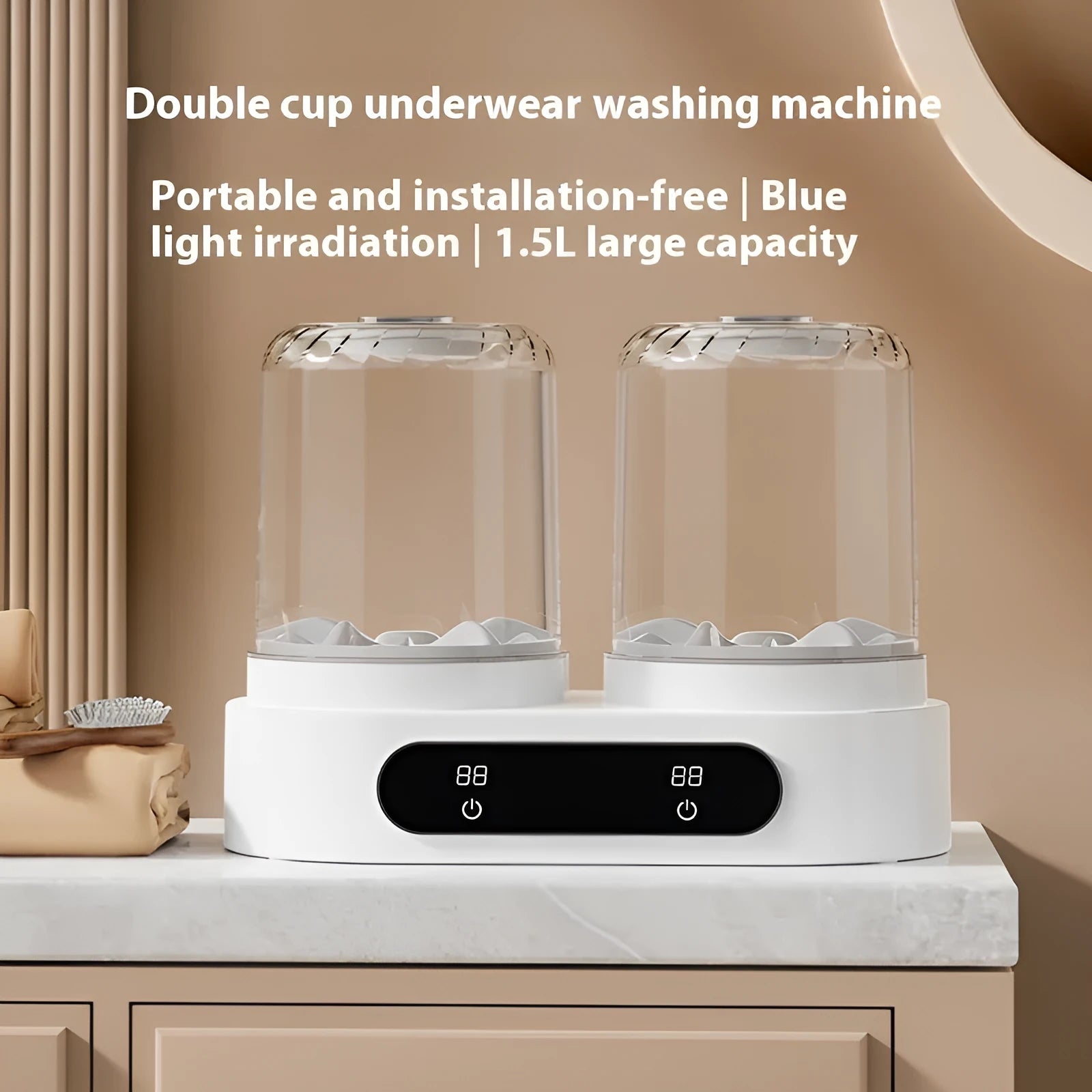 White double-bucket mini USB washing machine with two lids and a USB cable on a countertop.